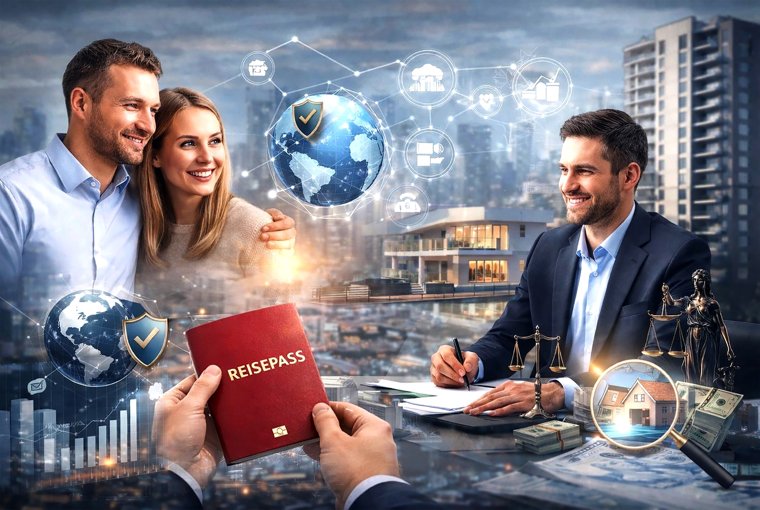 Mes West GmbH - Fachkräfte-, Investitions- und Unternehmenslösungen - Eine Collage aus Bildern zum Thema Finanzplanung und internationale Investitionen. Sie zeigt ein lächelndes Paar, einen Geschäftsmann an einem Schreibtisch, einen roten Reisepass in beiden Händen und verschiedene Symbole für globale Sicherheit, Immobilien und Rechtsstaatlichkeit.