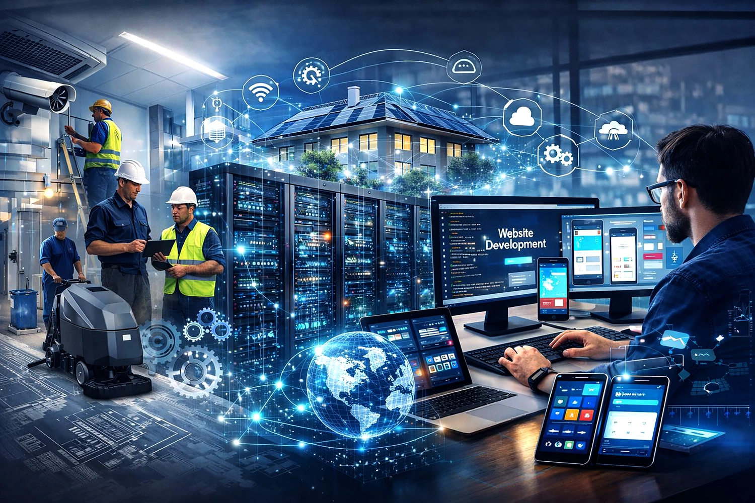 Mes West GmbH - Fachkräfte-, Investitions- und Unternehmenslösungen - Eine Collage, die ein modernes industrielles Ökosystem darstellt, zeigt Arbeiter mit Schutzhelmen neben Serverracks, einen digitalen Globus und einen Programmierer bei der Softwareentwicklung. 