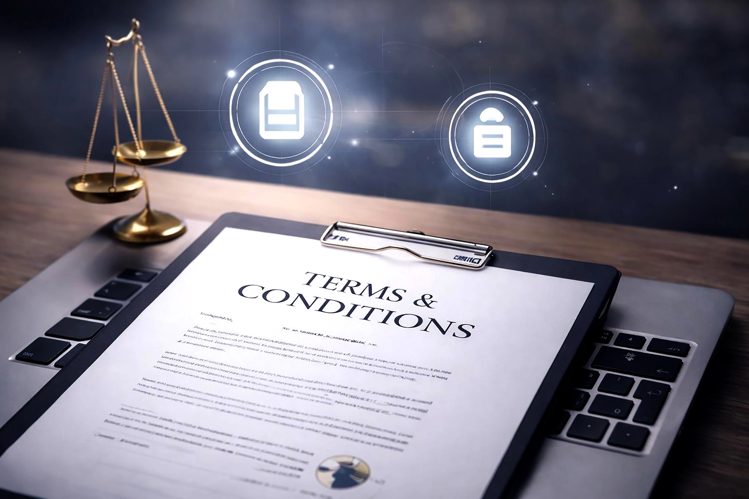 Mes West GmbH - Fachkräfte-, Investitions- und Unternehmenslösungen - Nahaufnahme eines Klemmbretts mit Dokumenten auf einem Schreibtisch. Im Hintergrund sind ein Laptop, eine juristische Waage und Symbole zum Thema digitales Recht zu sehen.