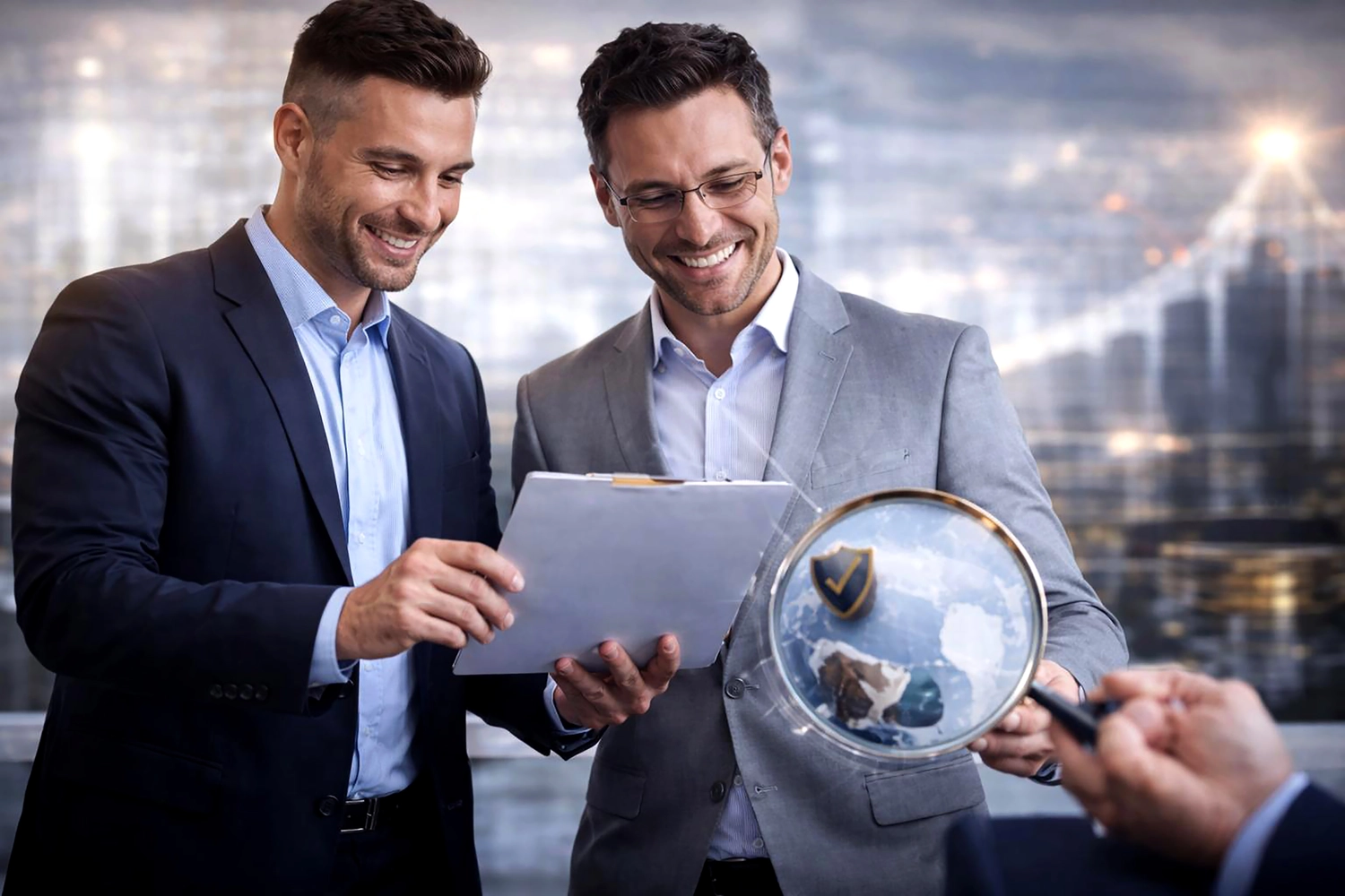 Mes West GmbH - Fachkräfte-, Investitions- und Unternehmenslösungen - Zwei geschäftstüchtige Männer in Anzügen lächeln und blicken gemeinsam in einem Büro auf etwas.