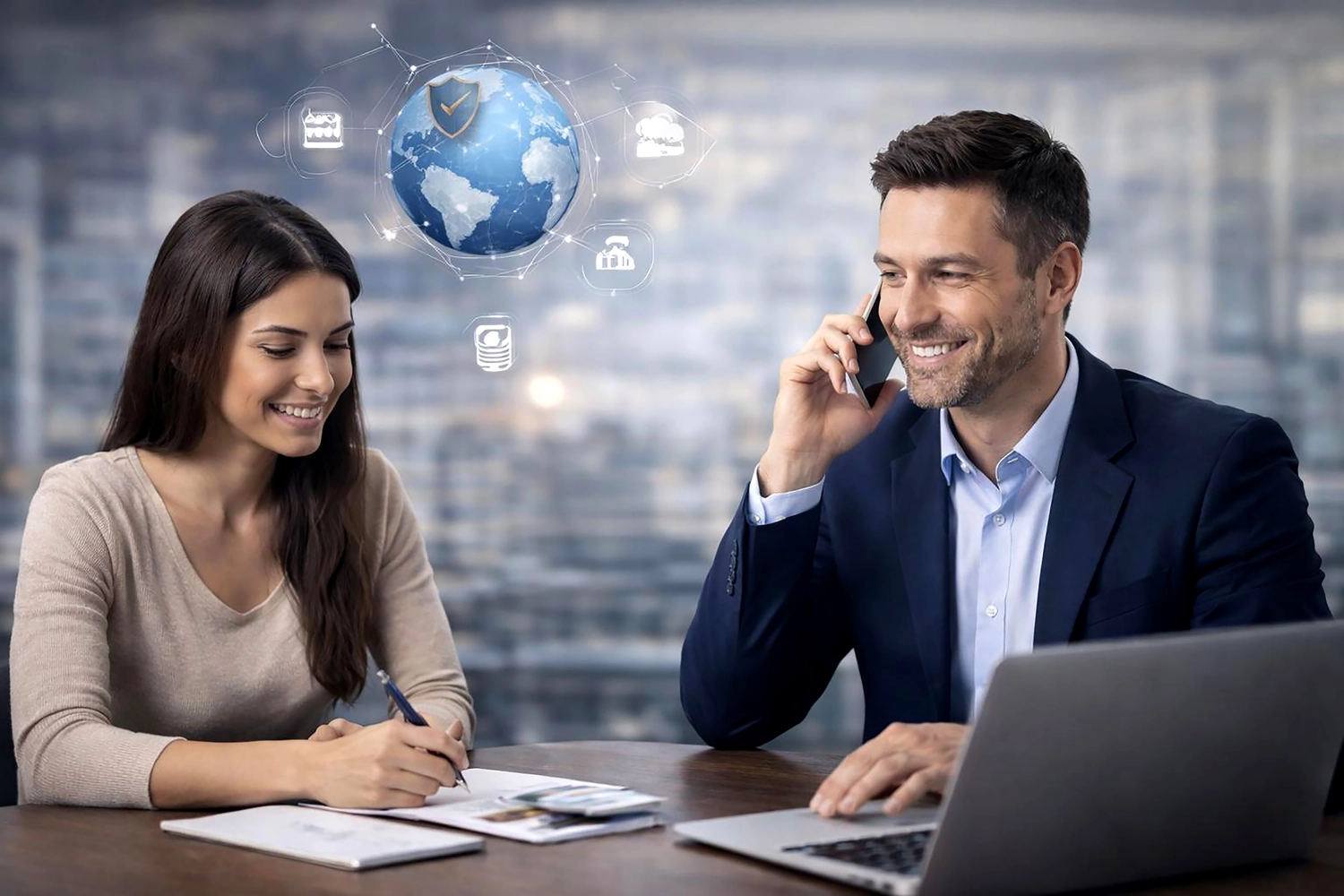 Mes West GmbH - Fachkräfte-, Investitions- und Unternehmenslösungen - Ein lächelnder Mann telefoniert, eine Frau blickt nach unten; daneben ist ein digitaler Globus abgebildet.