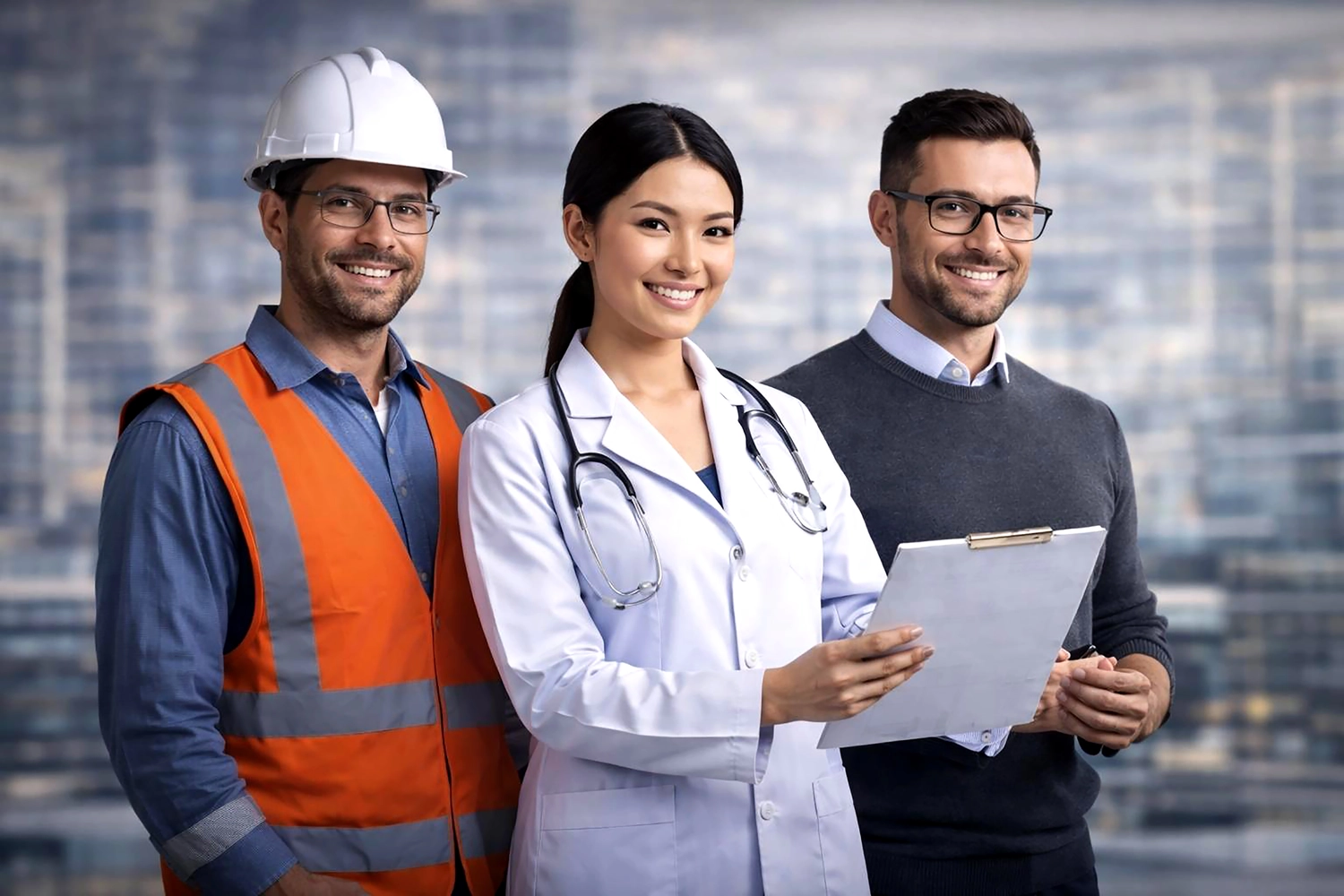 Mes West GmbH - Fachkräfte-, Investitions- und Unternehmenslösungen - Drei Berufstätige – ein Bauarbeiter, ein Arzt und ein Büroangestellter – lächeln gemeinsam vor einer verschwommenen Stadtkulisse.