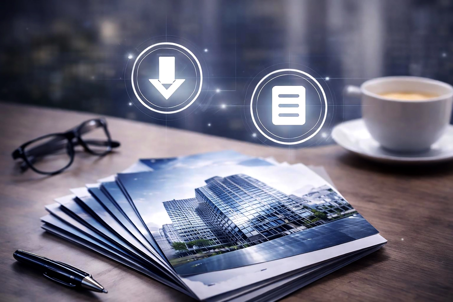 Mes West GmbH - Fachkräfte-, Investitions- und Unternehmenslösungen - Ein Bild, das einen Schreibtisch mit Brille, Broschüren und einer Kaffeetasse zeigt.