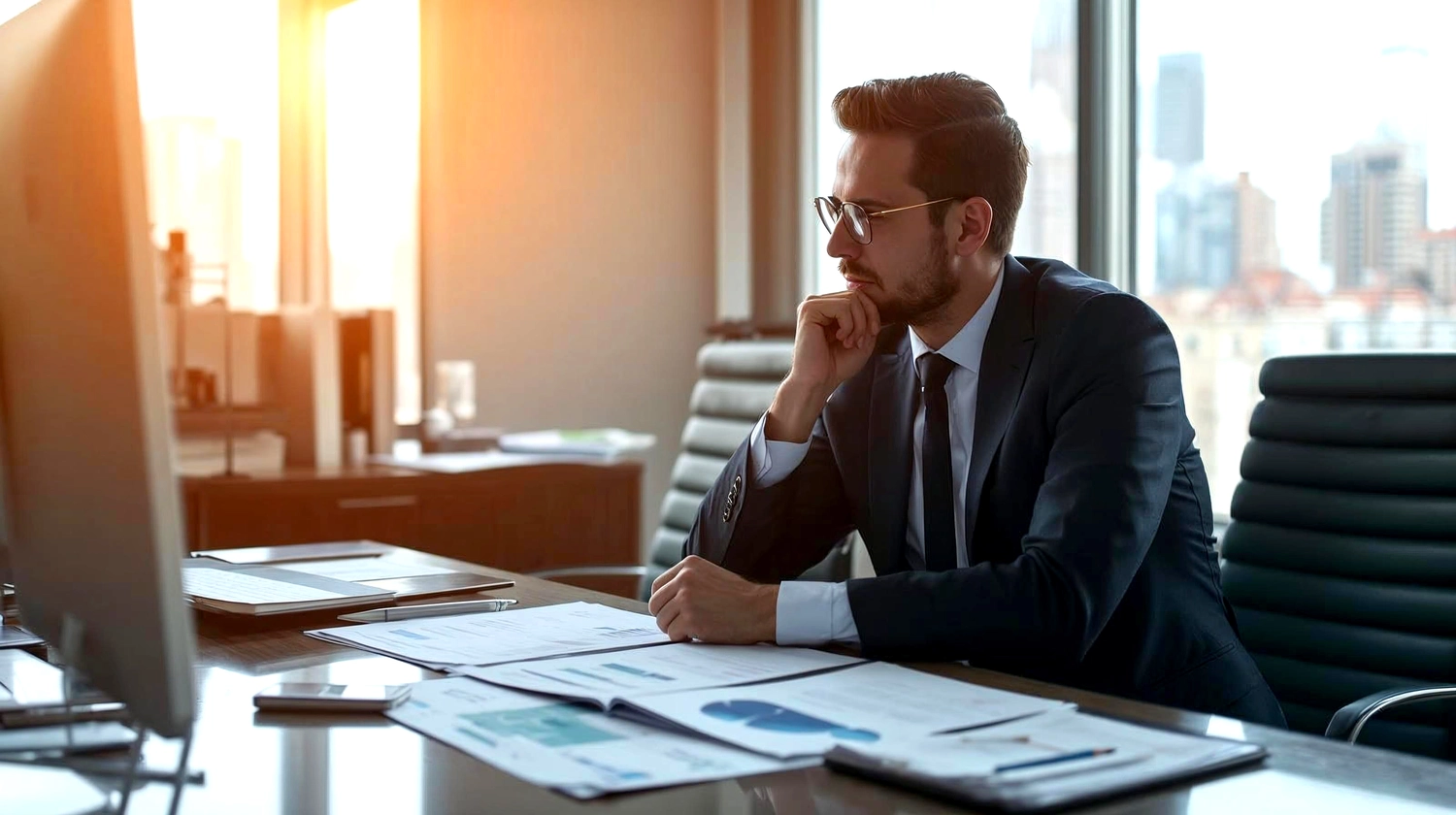 Mes West GmbH - Fachkräfte-, Investitions- und Unternehmenslösungen - Ein Geschäftsmann im Anzug und mit Brille sitzt an einem Schreibtisch in einem modernen Büro und blickt nachdenklich in die Ferne.