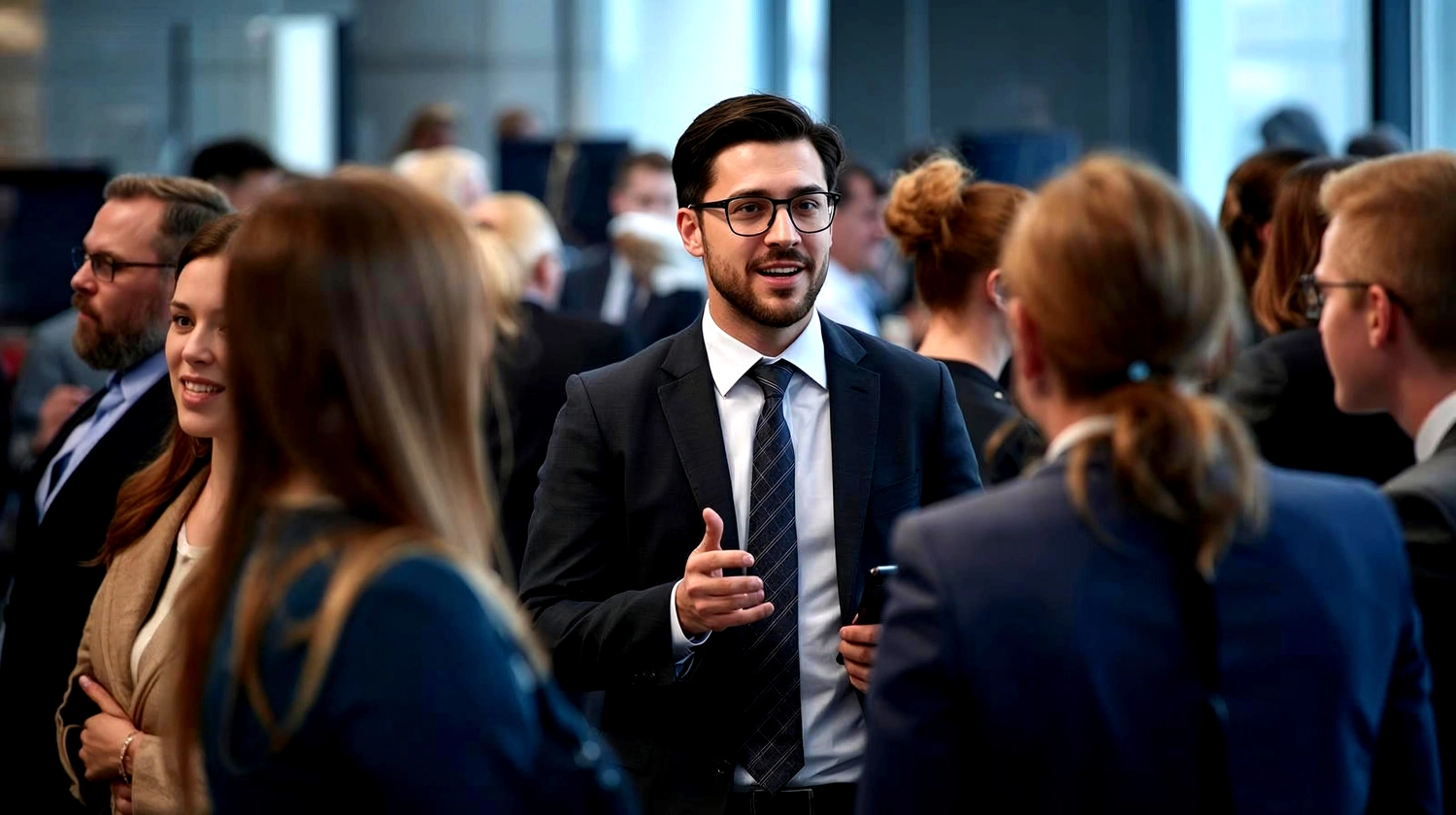 Mes West GmbH - Fachkräfte-, Investitions- und Unternehmenslösungen - Ein lächelnder Mann im Anzug und mit Brille steht inmitten eines vollen Raumes und unterhält sich mit den Menschen um ihn herum. Deutscher Text ist über das Bild gelegt.