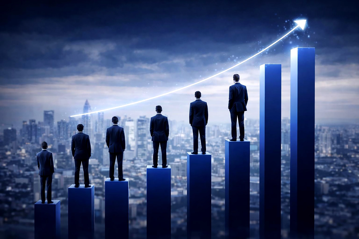 Mes West GmbH - Fachkräfte-, Investitions- und Unternehmenslösungen - Ein Bild zeigt mehrere Geschäftsleute, die auf blauen Balkendiagrammsäulen mit zunehmender Höhe stehen und die Skyline einer Stadt überblicken.