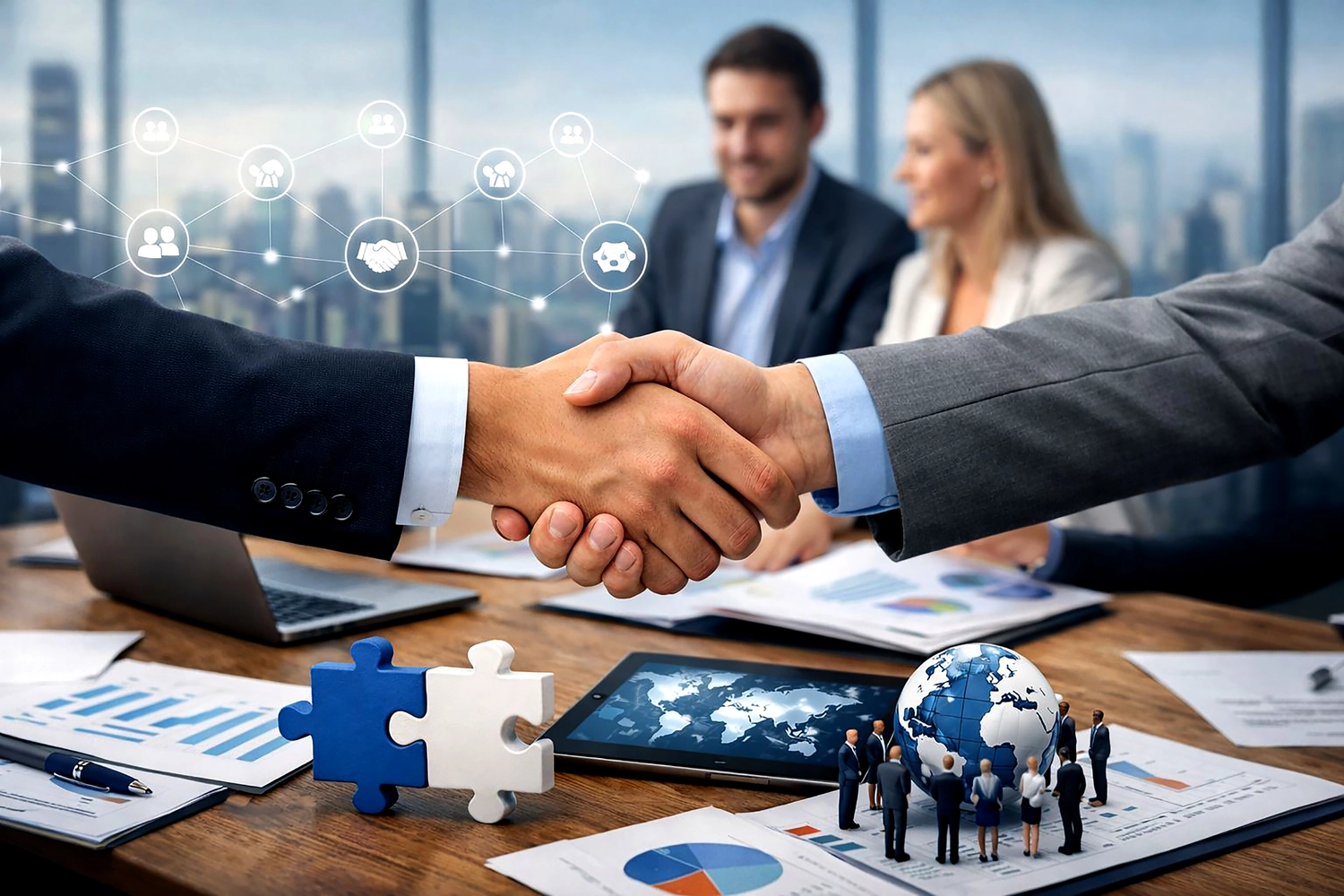 Mes West GmbH - Fachkräfte-, Investitions- und Unternehmenslösungen - Zwei Personen schütteln sich in einem professionellen Büroumfeld über einem Holztisch die Hände; ein Laptop und Dokumente sind zu sehen.