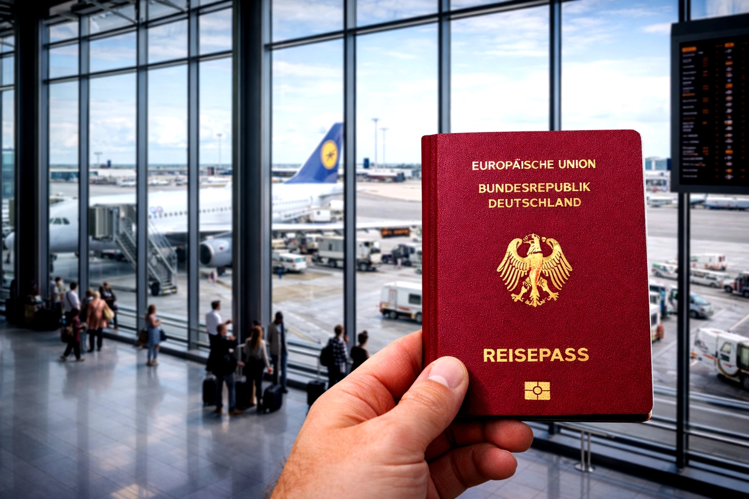 Mes West GmbH - Fachkräfte-, Investitions- und Unternehmenslösungen - Eine Person hält einen roten deutschen Reisepass vor ein verschwommenes Flughafenfenster, durch das man Flugzeuge an den Gates sehen kann.