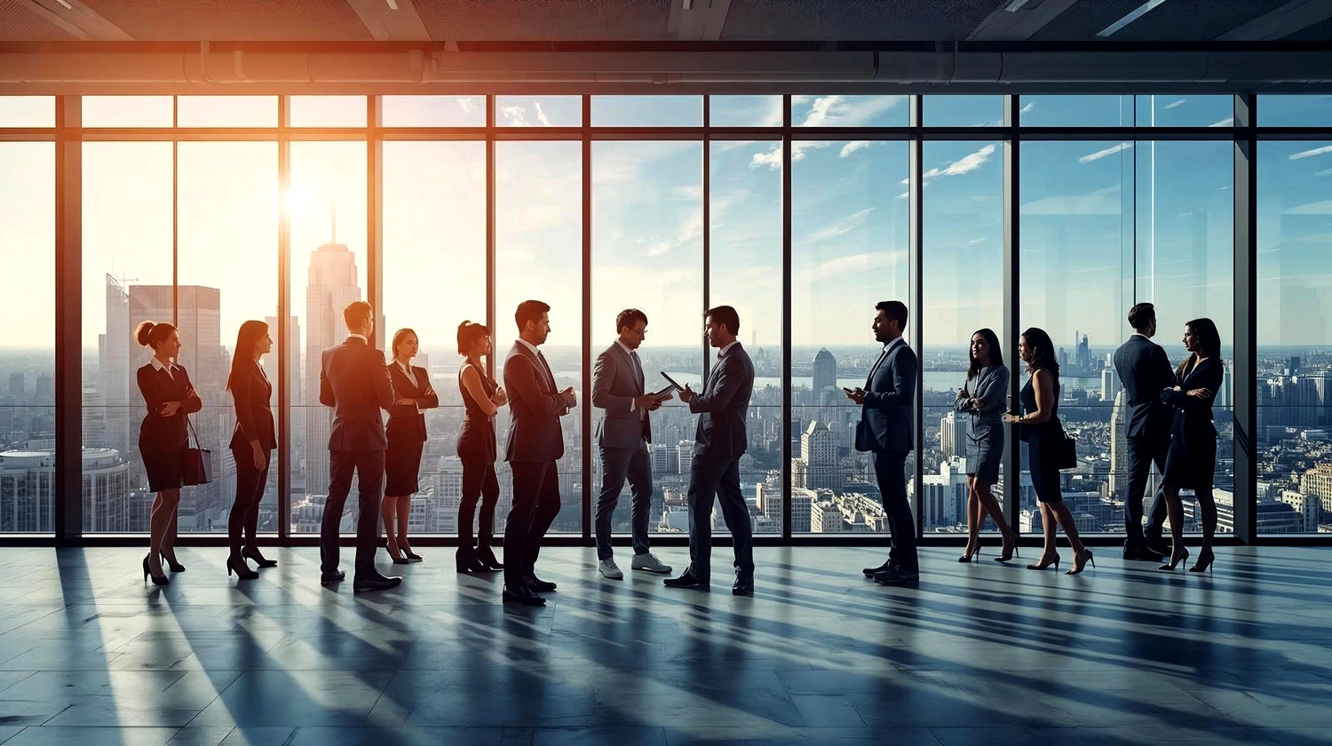 Mes West GmbH - Fachkräfte-, Investitions- und Unternehmenslösungen - Eine Gruppe von Geschäftsleuten in formeller Kleidung steht in einem modernen Büro mit bodentiefen Fenstern und Blick auf die Skyline der Stadt bei Sonnenuntergang.