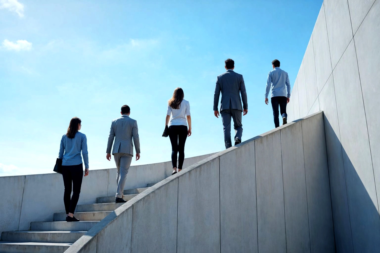 Mes West GmbH - Fachkräfte-, Investitions- und Unternehmenslösungen - Fünf Geschäftsleute steigen vor strahlend blauem Himmel eine Außentreppe aus Beton hinauf.