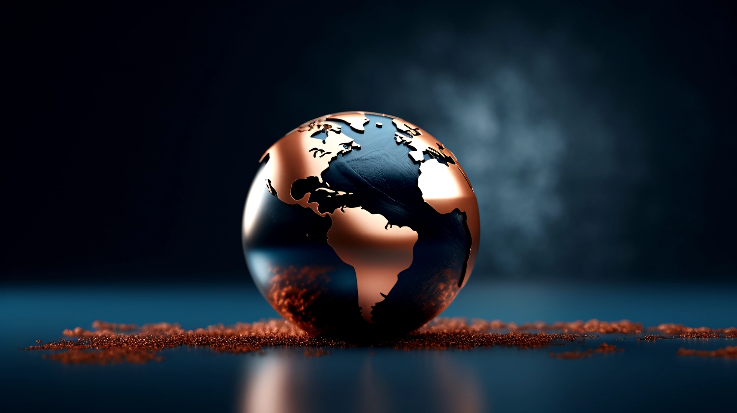 Mes West GmbH - Fachkräfte-, Investitions- und Unternehmenslösungen - Eine metallisch bronzefarbene und schwarze Weltkugel vor dunklem Hintergrund