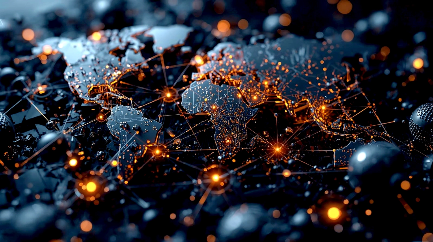 Mes West GmbH - Fachkräfte-, Investitions- und Unternehmenslösungen - Eine abstrakte, dunkle digitale 3D-Weltkarte mit leuchtend bernsteinfarbenen Verbindungsknoten und Schaltkreismustern.