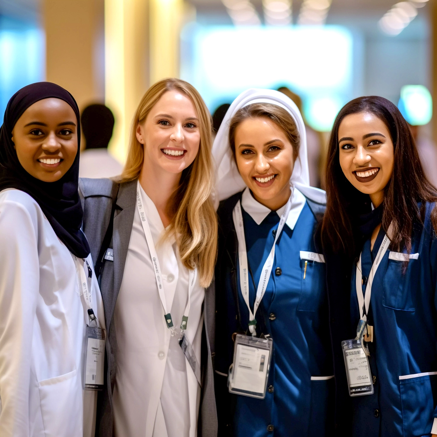 Mes West GmbH - Fachkräfte-, Investitions- und Unternehmenslösungen - Vier Frauen unterschiedlichen Alters lächeln gemeinsam, während sie professionelle Kleidung und Ausweishalter tragen.