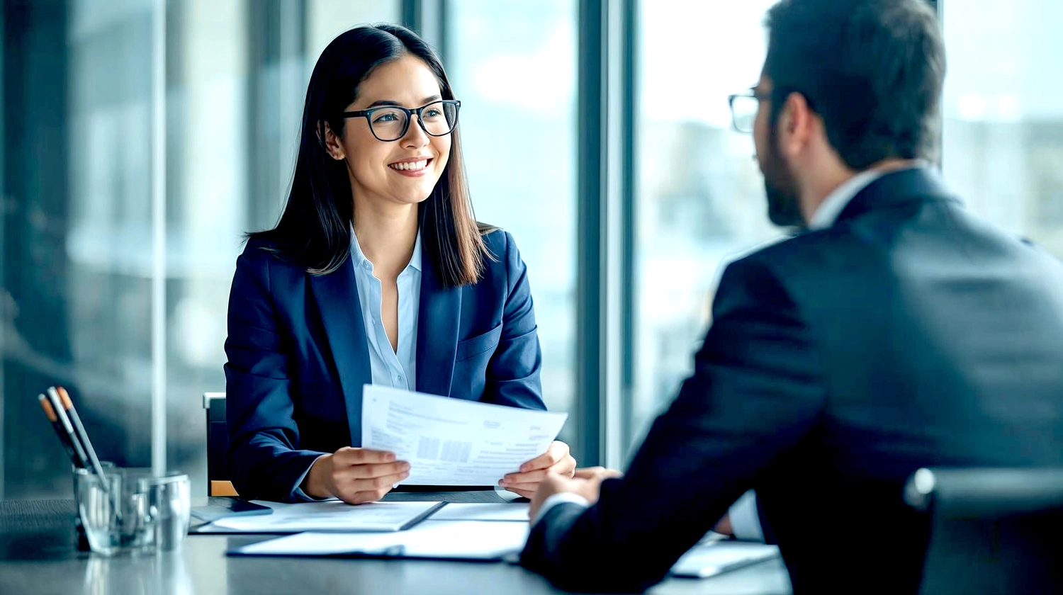 Mes West GmbH - Fachkräfte-, Investitions- und Unternehmenslösungen - Eine lächelnde Frau in einem dunkelblauen Blazer und mit Brille sitzt während eines Geschäftstreffens oder Vorstellungsgesprächs an einem Schreibtisch gegenüber einem Mann im Anzug.