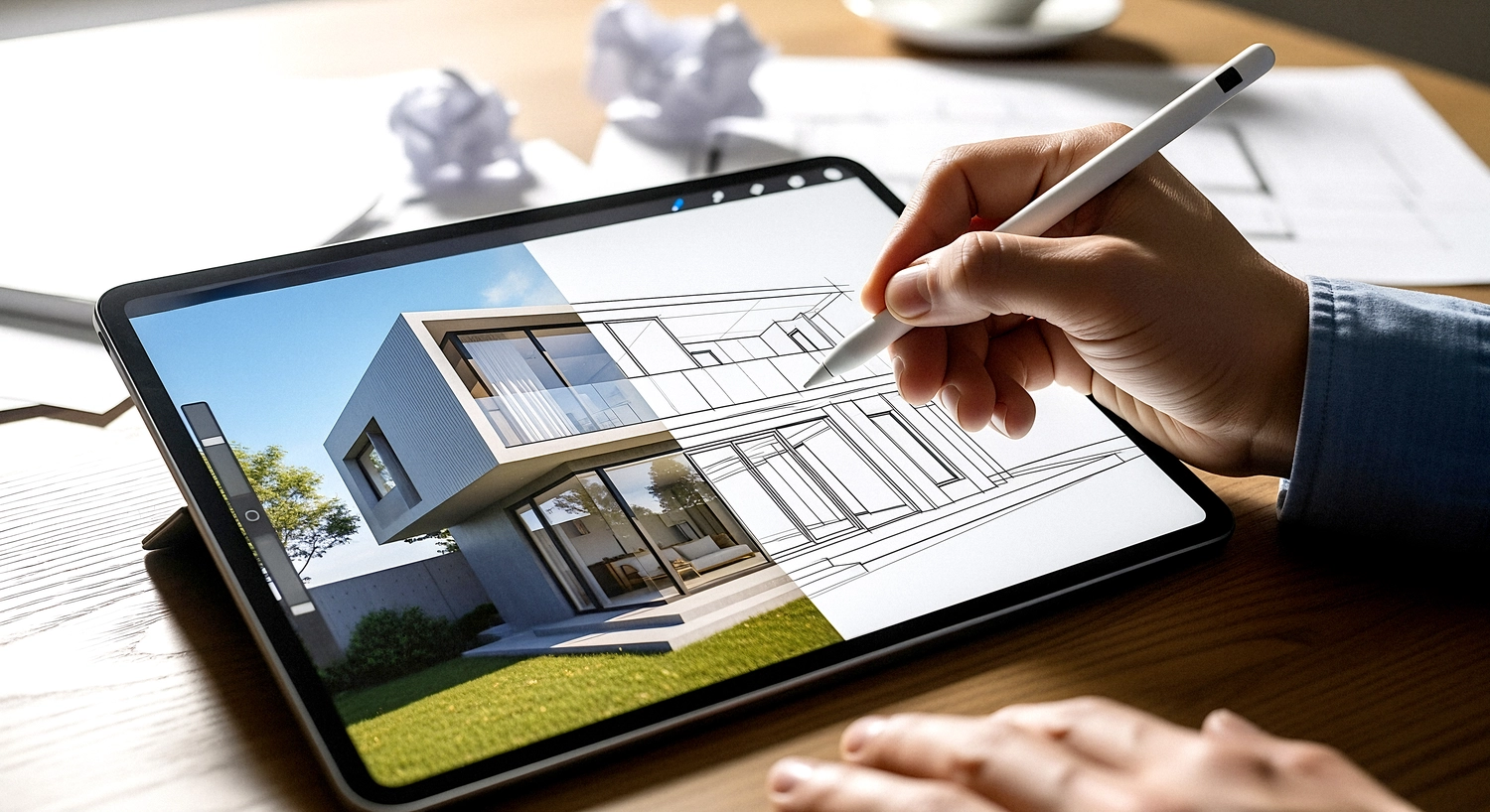 Mes West GmbH - Fachkräfte-, Investitions- und Unternehmenslösungen - Eine Person skizziert mit einem Stift den Entwurf eines modernen Hauses auf einem Tablet.