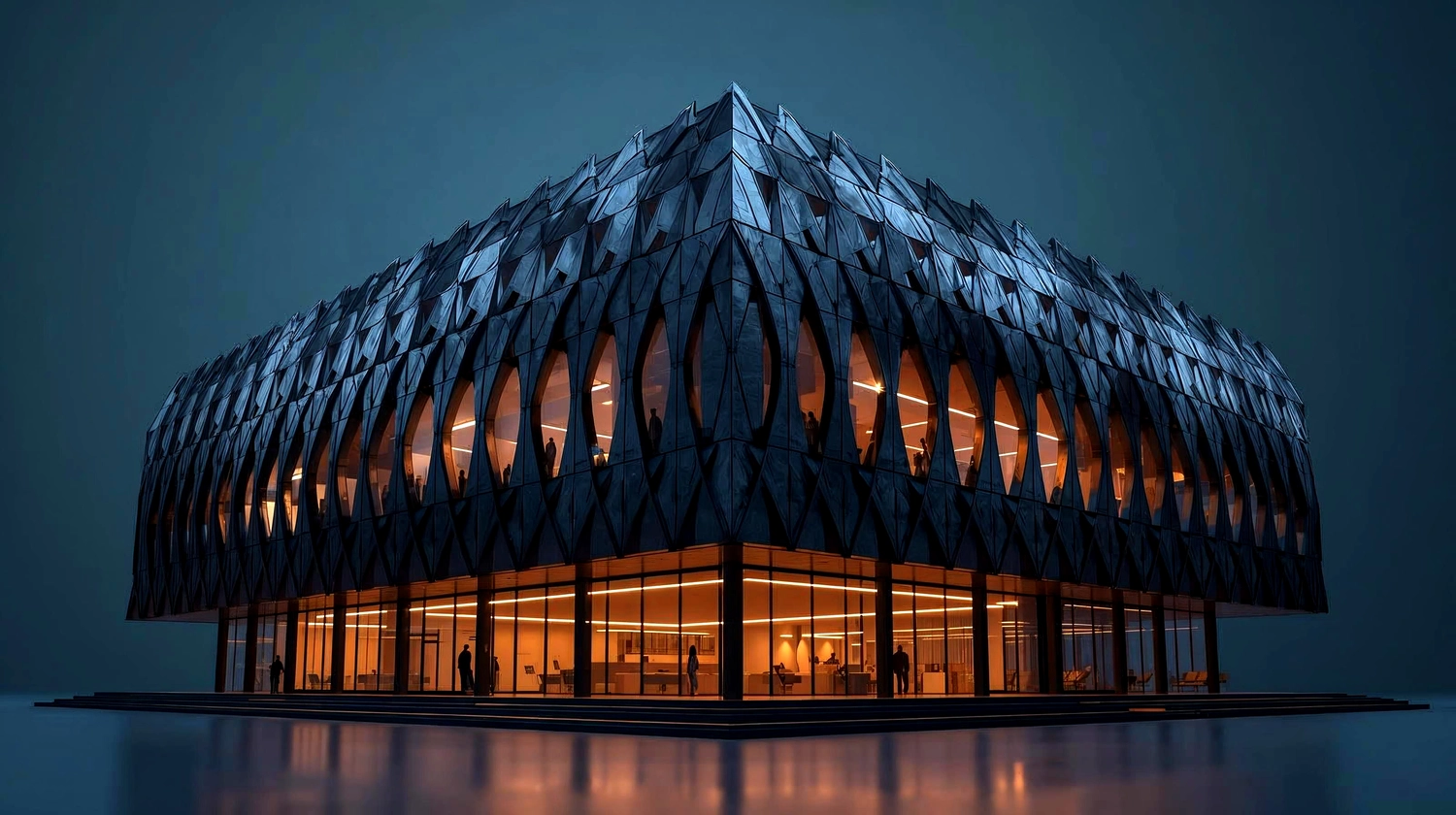 Mes West GmbH - Fachkräfte-, Investitions- und Unternehmenslösungen - Ein dunkles, mehrstöckiges modernes Gebäude mit einem leuchtenden Glaserdgeschoss und einer aufwendig gestalteten, strukturierten oberen Fassade mit Spitzbogenfenstern.