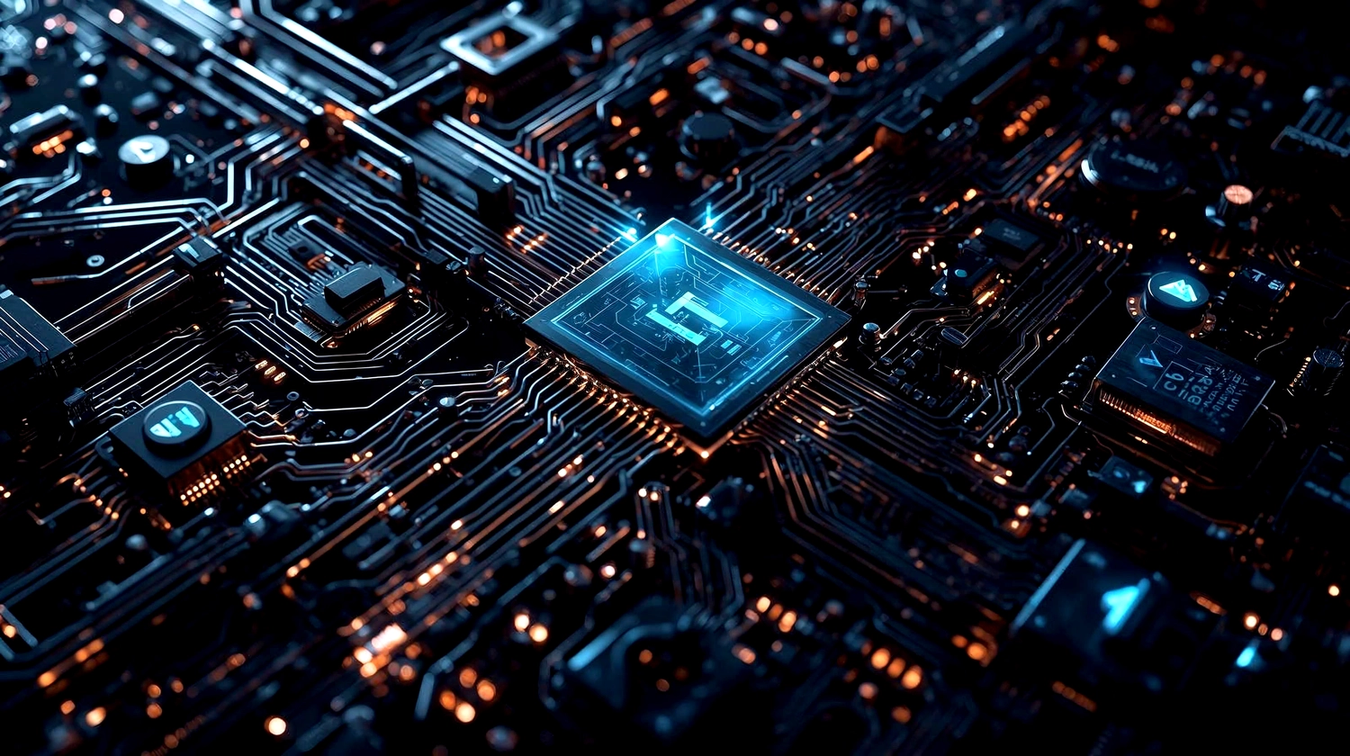 Mes West GmbH - Fachkräfte-, Investitions- und Unternehmenslösungen - Eine stilisierte Draufsicht auf einen leuchtend blauen Mikrochip, der auf einer komplexen dunklen Leiterplatte mit bernsteinfarben beleuchteten Leiterbahnen zentriert ist.