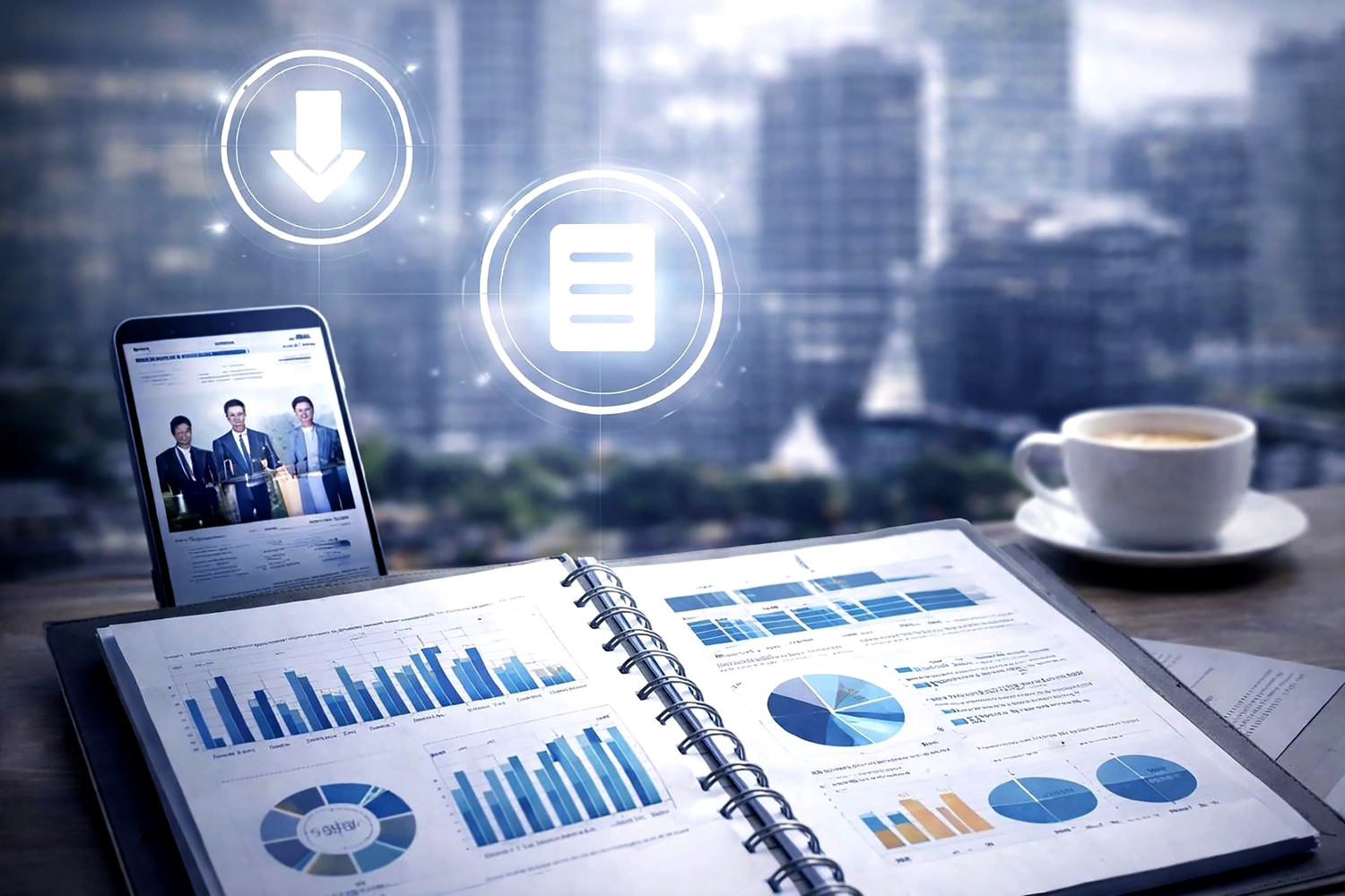 Mes West GmbH - Fachkräfte-, Investitions- und Unternehmenslösungen - Ein Büroarbeitsplatz mit einem Tablet, einem offenen Ordner mit Finanzdiagrammen und einer Kaffeetasse.