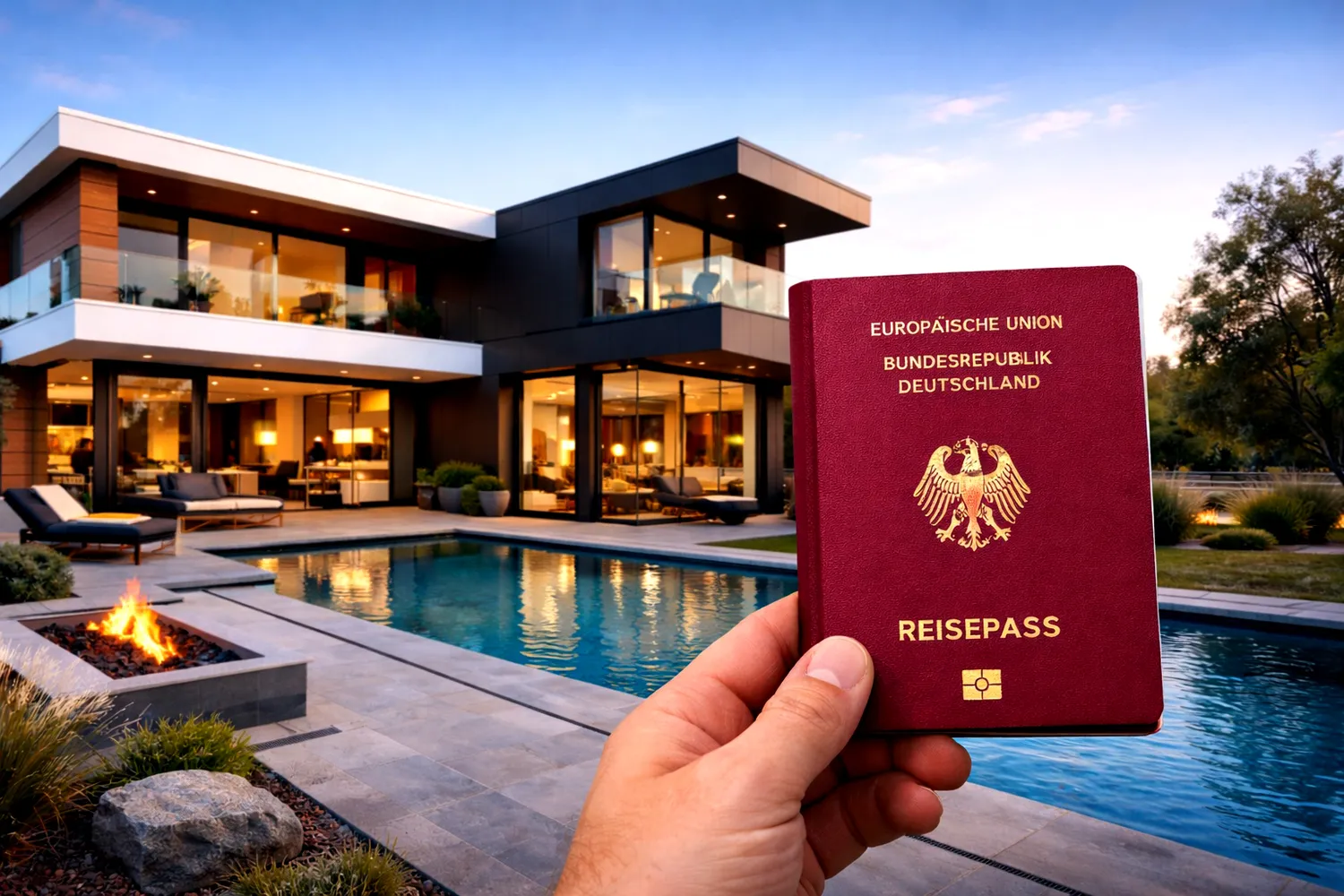 Mes West GmbH - Fachkräfte-, Investitions- und Unternehmenslösungen - Eine Hand hält einen deutschen Pass vor einer modernen Luxusvilla mit Swimmingpool und Feuerstelle in der Abenddämmerung.
